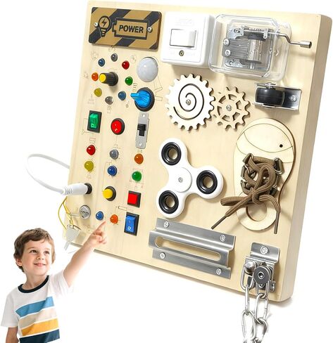 Busy Board, Montessori Toy for 1-4 Years Old, Ideal Gift for 1+ Year Old Children Wooden Toddler Sensory Travel Toy, (Busy Board Plus V3) in Kuwait