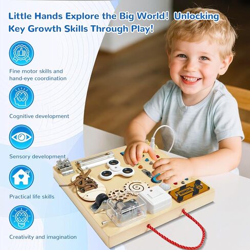 Busy Board, Montessori Toy for 1-4 Years Old, Ideal Gift for 1+ Year Old Children Wooden Toddler Sensory Travel Toy, (Busy Board Plus V3) in Kuwait