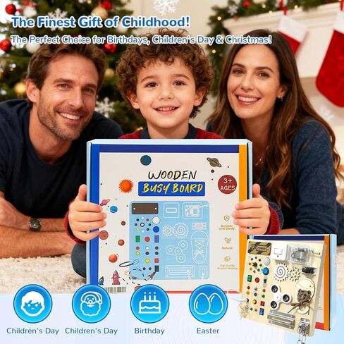 Busy Board, Montessori Toy for 1-4 Years Old, Ideal Gift for 1+ Year Old Children Wooden Toddler Sensory Travel Toy, (Busy Board Plus V3) in Kuwait