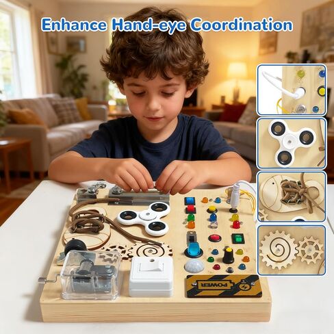 Busy Board, Montessori Toy for 1-4 Years Old, Ideal Gift for 1+ Year Old Children Wooden Toddler Sensory Travel Toy, (Busy Board Plus V3) in Kuwait