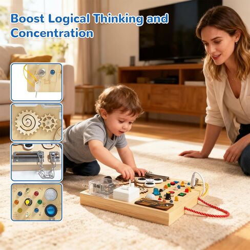 Busy Board, Montessori Toy for 1-4 Years Old, Ideal Gift for 1+ Year Old Children Wooden Toddler Sensory Travel Toy, (Busy Board Plus V3) in Kuwait
