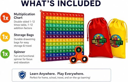 Multiplication/Addition Math Pop it Fidget Chart - Double-Sided 20x20 cm Learning Tool for Kids, Includes a Customized Carrying Bag - Bright Red and Reward Spinner in Kuwait