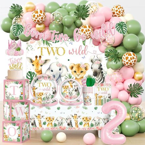 Two Wild Birthday Decorations Girl Safari Animal Jungle Theme 2nd Birthday Party Supplies Include Born Two be Wild Banner Balloons Garland Arch Plates and Napkins 2nd Decorations for Toddler Girl in Saudi Arabia