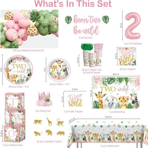 Two Wild Birthday Decorations Girl Safari Animal Jungle Theme 2nd Birthday Party Supplies Include Born Two be Wild Banner Balloons Garland Arch Plates and Napkins 2nd Decorations for Toddler Girl in Saudi Arabia