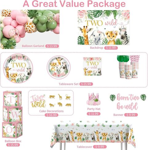 Two Wild Birthday Decorations Girl Safari Animal Jungle Theme 2nd Birthday Party Supplies Include Born Two be Wild Banner Balloons Garland Arch Plates and Napkins 2nd Decorations for Toddler Girl in Saudi Arabia