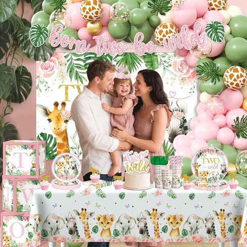 Two Wild Birthday Decorations Girl Safari Animal Jungle Theme 2nd Birthday Party Supplies Include Born Two be Wild Banner Balloons Garland Arch Plates and Napkins 2nd Decorations for Toddler Girl in Saudi Arabia