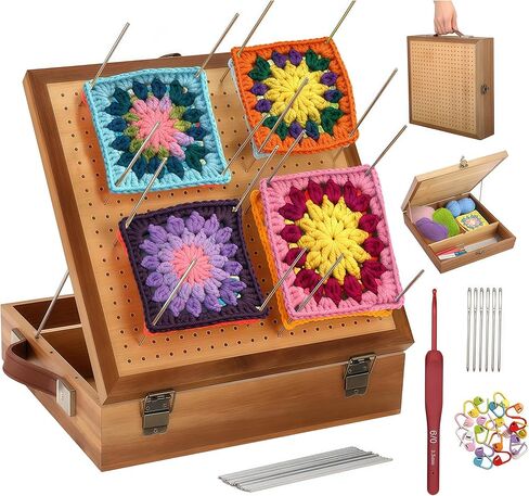 BROWNKNOT 11.4'' Crochet Blocking Board with Storage Drawer & Pegs, Grammy Square Bamboo Blocking Boards for Crochet Projects, Crocheting Accessories Gifts for Grandmothers, Crocheters in Saudi Arabia
