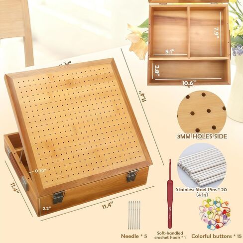 BROWNKNOT 11.4'' Crochet Blocking Board with Storage Drawer & Pegs, Grammy Square Bamboo Blocking Boards for Crochet Projects, Crocheting Accessories Gifts for Grandmothers, Crocheters in Saudi Arabia