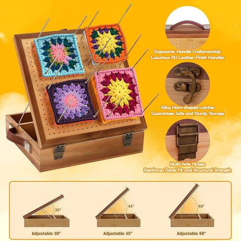 BROWNKNOT 11.4'' Crochet Blocking Board with Storage Drawer & Pegs, Grammy Square Bamboo Blocking Boards for Crochet Projects, Crocheting Accessories Gifts for Grandmothers, Crocheters in Saudi Arabia