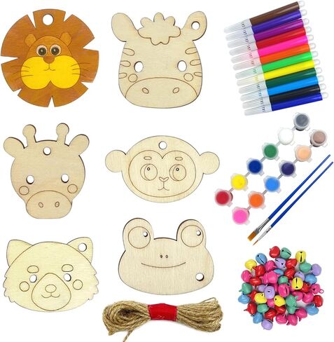 Wooden Sea Animal Ornaments to Paint, 48 PCS/6 Styles Unfinished Wood Cutouts with Bells Color Pens Color Paint Set - Under The Sea Crafts Kits for 3-8 Year Old Kids DIY Hanging Decor Party Favors in Kuwait