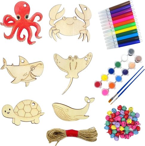 Wooden Sea Animal Ornaments to Paint, 48 PCS/6 Styles Unfinished Wood Cutouts with Bells Color Pens Color Paint Set - Under The Sea Crafts Kits for 3-8 Year Old Kids DIY Hanging Decor Party Favors in Saudi Arabia