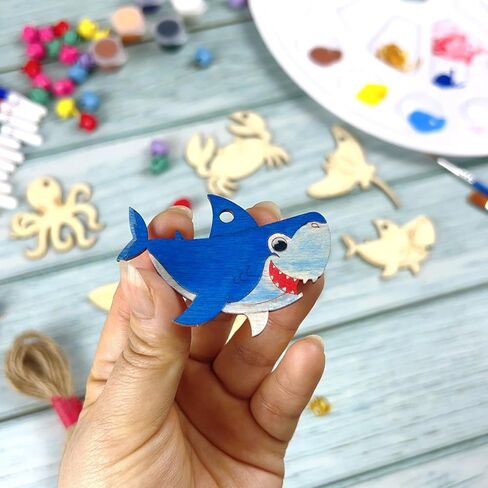 Wooden Sea Animal Ornaments to Paint, 48 PCS/6 Styles Unfinished Wood Cutouts with Bells Color Pens Color Paint Set - Under The Sea Crafts Kits for 3-8 Year Old Kids DIY Hanging Decor Party Favors in Saudi Arabia