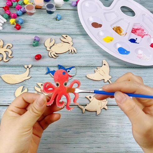 Wooden Sea Animal Ornaments to Paint, 48 PCS/6 Styles Unfinished Wood Cutouts with Bells Color Pens Color Paint Set - Under The Sea Crafts Kits for 3-8 Year Old Kids DIY Hanging Decor Party Favors in Saudi Arabia