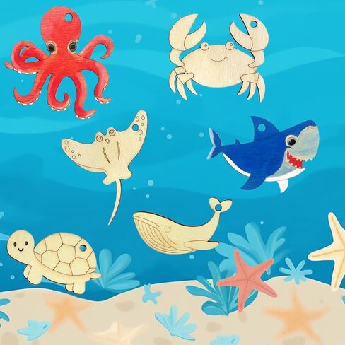 Wooden Sea Animal Ornaments to Paint, 48 PCS/6 Styles Unfinished Wood Cutouts with Bells Color Pens Color Paint Set - Under The Sea Crafts Kits for 3-8 Year Old Kids DIY Hanging Decor Party Favors in Saudi Arabia