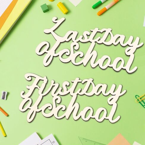 2 Pcs Unfinished Wooden First Last Day of School Sign Wooden Cutout Letter Sign for DIY Crafts Blank Word for Preschool Classroom Kindergarten Party Supplies (Wood-School) in Kuwait