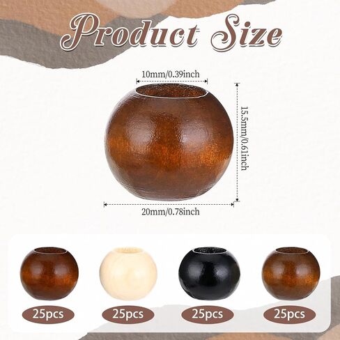 100 Pcs 20mm Wooden Beads, Large Hole Round Wood Beads for Macrame, Bracelet Necklace DIY, Home Decor Garlands, 4 Colors Natural Mix in Saudi Arabia