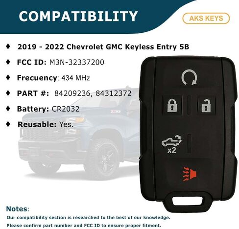 Replacement for Chevrolet GMC Key Fob 5 Buttons That Use FCC M3N-32337200 and Part Number 84209236 / 84312372 Compatible with 2019 - 2022 Silverado Sierra in Saudi Arabia
