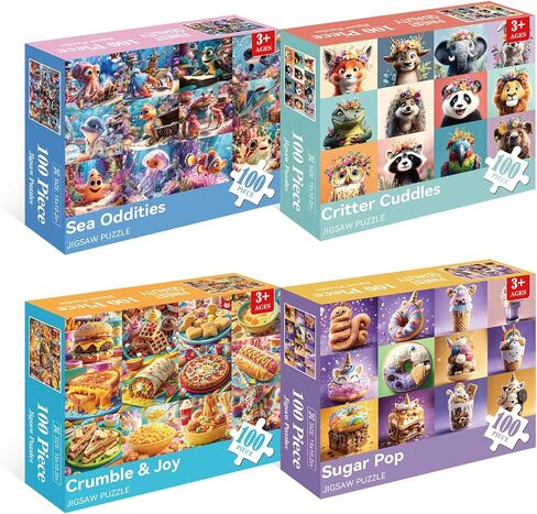 4-Pack 100 Piece Puzzles for Kids, Animal & Food Theme Large Piece Puzzles for Elderly, Dementia & Alzheimer’s Activities for Adults and Kids Ages 6-10, 15 x 10.2 in in Saudi Arabia