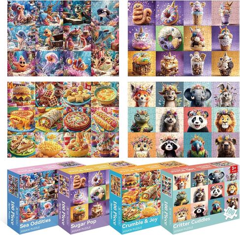 4-Pack 100 Piece Puzzles for Kids, Animal & Food Theme Large Piece Puzzles for Elderly, Dementia & Alzheimer’s Activities for Adults and Kids Ages 6-10, 15 x 10.2 in in Saudi Arabia