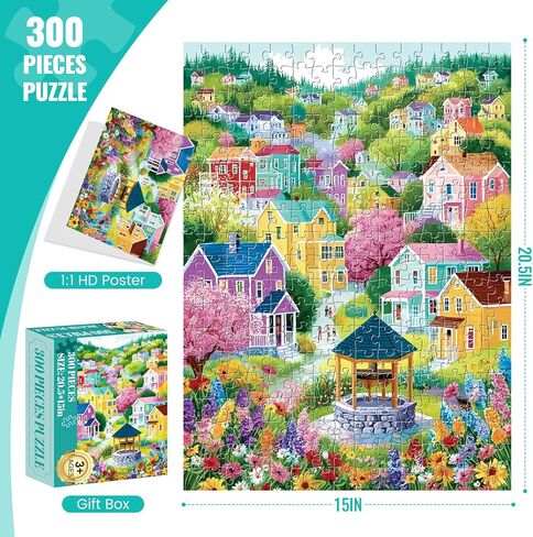 300 Piece Puzzles for Adult,Colourful New England Village Jigsaw Puzzle for Adults Kids Seniors,Scenic Springtime Family Scene,Interlock Perfectly No Dust,Challenging Family Activity Gifts,20.5 * 15In in Saudi Arabia