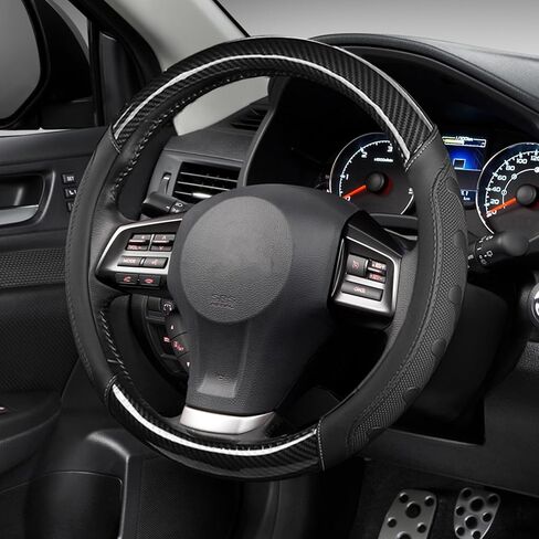 Wuyaoyao Car Steering Wheel Cover, 3D Carbon Fiber Pattern Breathable Leather Steering Wheel Cover Protector with Anti-Slip Lining Fits 15 Inch, Car Accessories for Most Vehicles (Black, Style 1) in Saudi Arabia