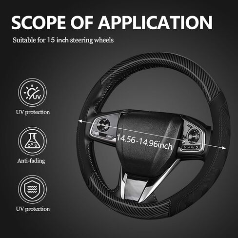Wuyaoyao Car Steering Wheel Cover, 3D Carbon Fiber Pattern Breathable Leather Steering Wheel Cover Protector with Anti-Slip Lining Fits 15 Inch, Car Accessories for Most Vehicles (Black, Style 1) in Saudi Arabia