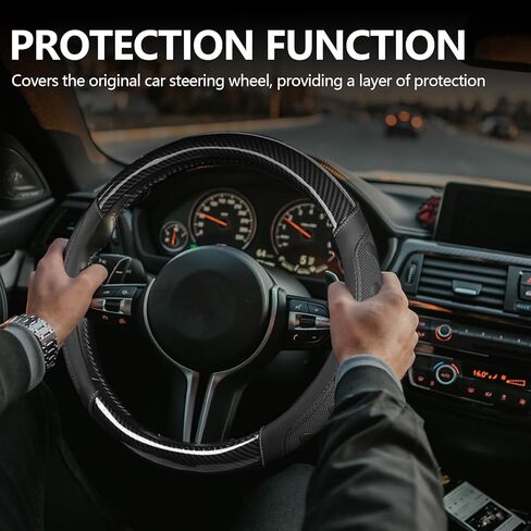 Wuyaoyao Car Steering Wheel Cover, 3D Carbon Fiber Pattern Breathable Leather Steering Wheel Cover Protector with Anti-Slip Lining Fits 15 Inch, Car Accessories for Most Vehicles (Black, Style 1) in Saudi Arabia