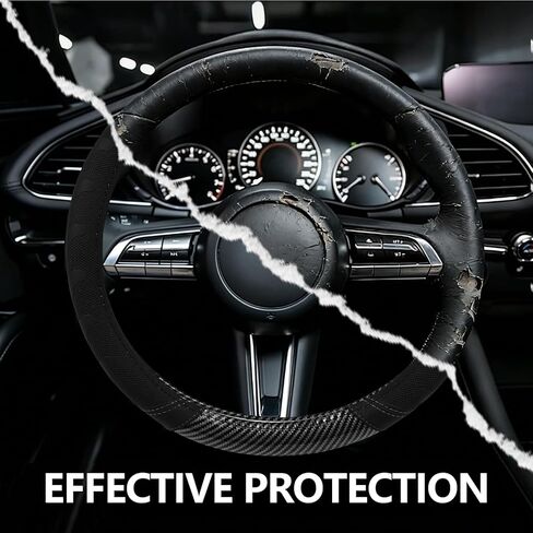 Wuyaoyao Car Steering Wheel Cover, 3D Carbon Fiber Pattern Breathable Leather Steering Wheel Cover Protector with Anti-Slip Lining Fits 15 Inch, Car Accessories for Most Vehicles (Black, Style 1) in Saudi Arabia