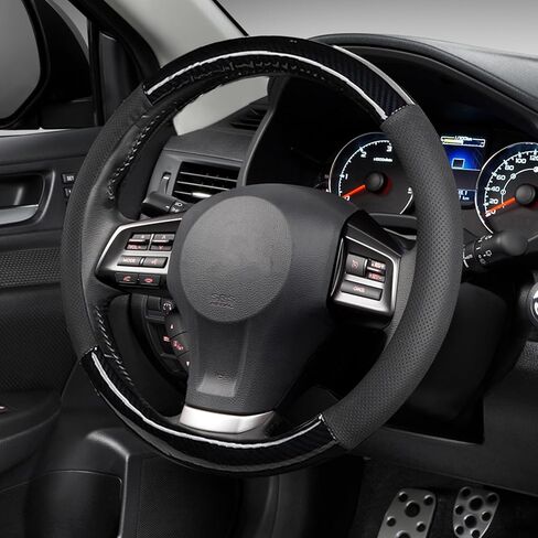 Wuyaoyao Car Steering Wheel Cover, 3D Carbon Fiber Pattern Breathable Leather Steering Wheel Cover Protector with Anti-Slip Lining Fits 15 Inch, Car Accessories for Most Vehicles (Black, Style 1) in Saudi Arabia