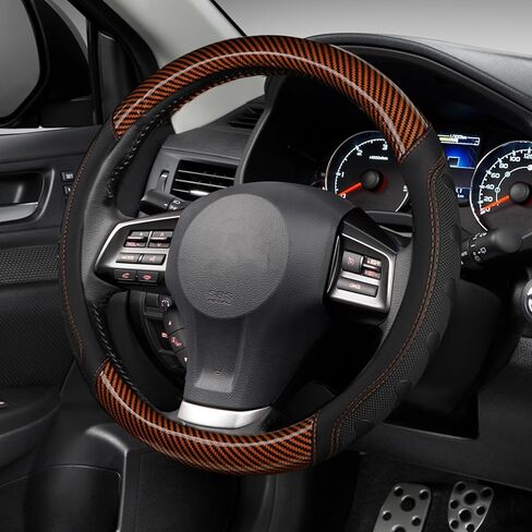 Wuyaoyao Car Steering Wheel Cover, 3D Carbon Fiber Pattern Breathable Leather Steering Wheel Cover Protector with Anti-Slip Lining Fits 15 Inch, Car Accessories for Most Vehicles (Black, Style 1) in Saudi Arabia