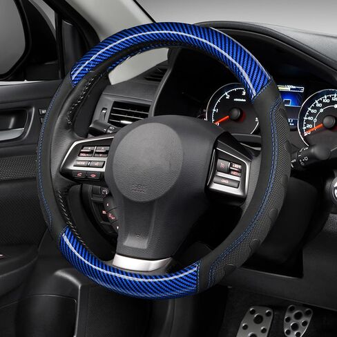 Wuyaoyao Car Steering Wheel Cover, 3D Carbon Fiber Pattern Breathable Leather Steering Wheel Cover Protector with Anti-Slip Lining Fits 15 Inch, Car Accessories for Most Vehicles (Black, Style 1) in Saudi Arabia