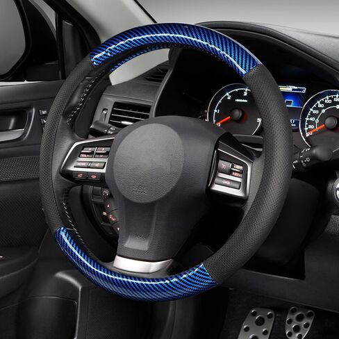 Wuyaoyao Car Steering Wheel Cover, 3D Carbon Fiber Pattern Breathable Leather Steering Wheel Cover Protector with Anti-Slip Lining Fits 15 Inch, Car Accessories for Most Vehicles (Black, Style 1) in Saudi Arabia