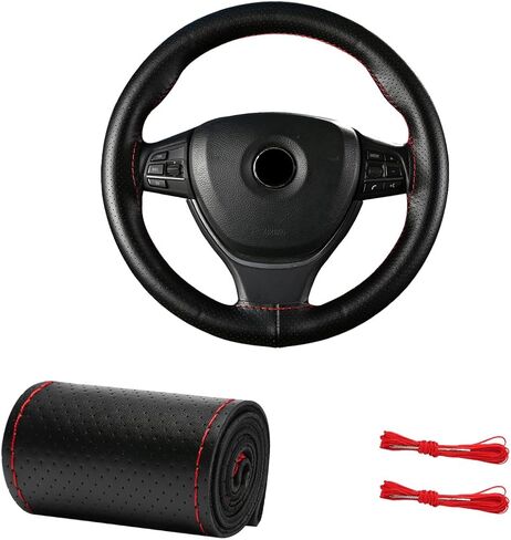 Genuine Leather Steering Wheel Cover, 15 Inch Breathable DIY Sewing Wheel Protector with Needle Thread, Stitch on Wrap Wheel Cover with Anti-Slip Design (Black & Red, Full Hole) in Saudi Arabia