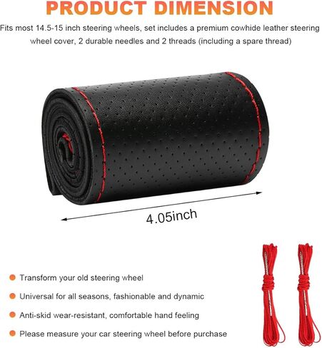 Genuine Leather Steering Wheel Cover, 15 Inch Breathable DIY Sewing Wheel Protector with Needle Thread, Stitch on Wrap Wheel Cover with Anti-Slip Design (Black & Red, Full Hole) in Saudi Arabia