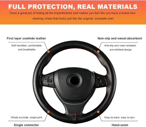 Genuine Leather Steering Wheel Cover, 15 Inch Breathable DIY Sewing Wheel Protector with Needle Thread, Stitch on Wrap Wheel Cover with Anti-Slip Design (Black & Red, Full Hole) in Saudi Arabia