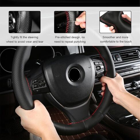 Genuine Leather Steering Wheel Cover, 15 Inch Breathable DIY Sewing Wheel Protector with Needle Thread, Stitch on Wrap Wheel Cover with Anti-Slip Design (Black & Red, Full Hole) in Saudi Arabia