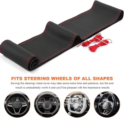 Genuine Leather Steering Wheel Cover, 15 Inch Breathable DIY Sewing Wheel Protector with Needle Thread, Stitch on Wrap Wheel Cover with Anti-Slip Design (Black & Red, Full Hole) in Saudi Arabia