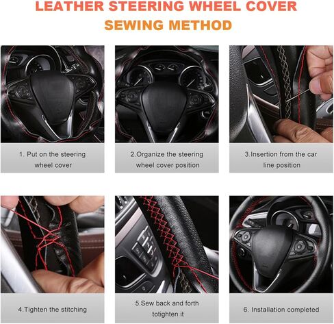 Genuine Leather Steering Wheel Cover, 15 Inch Breathable DIY Sewing Wheel Protector with Needle Thread, Stitch on Wrap Wheel Cover with Anti-Slip Design (Black & Red, Full Hole) in Saudi Arabia