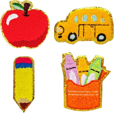 4PCS Back to School Iron On Patches - Glitter Chenille Embroidered Pencil, Apple & School Bus, DIY Sew On/Iron on Badges for Kids Jacket, Backpack, Jeans, First Day of Class Decor (Yellow) in Saudi Arabia