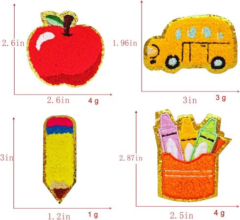 4PCS Back to School Iron On Patches - Glitter Chenille Embroidered Pencil, Apple & School Bus, DIY Sew On/Iron on Badges for Kids Jacket, Backpack, Jeans, First Day of Class Decor (Yellow) in Saudi Arabia