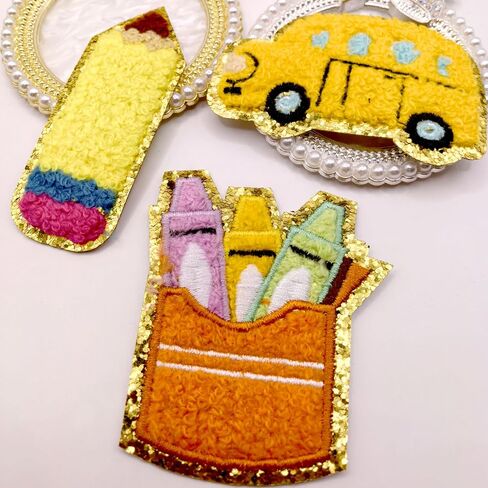 4PCS Back to School Iron On Patches - Glitter Chenille Embroidered Pencil, Apple & School Bus, DIY Sew On/Iron on Badges for Kids Jacket, Backpack, Jeans, First Day of Class Decor (Yellow) in Saudi Arabia