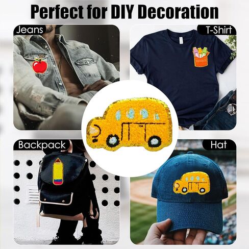 4PCS Back to School Iron On Patches - Glitter Chenille Embroidered Pencil, Apple & School Bus, DIY Sew On/Iron on Badges for Kids Jacket, Backpack, Jeans, First Day of Class Decor (Yellow) in Saudi Arabia