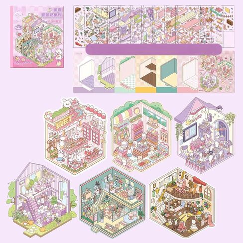 DIY 3D House Stickers,12-Pack Cartoon DIY Sticker Kit with Scene Cards,Miniature World Craft Set in Kuwait
