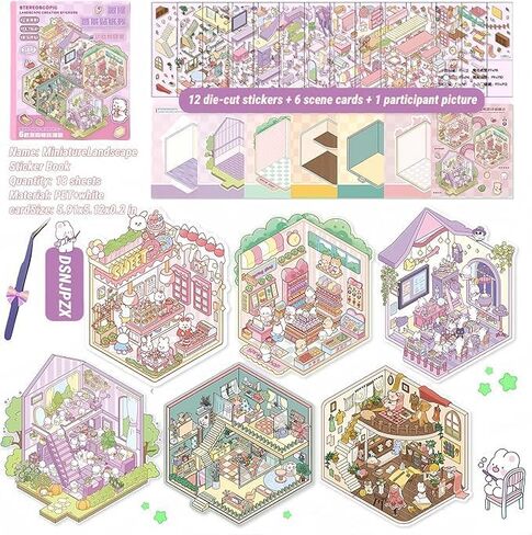 DIY 3D House Stickers,12-Pack Cartoon DIY Sticker Kit with Scene Cards,Miniature World Craft Set in Kuwait