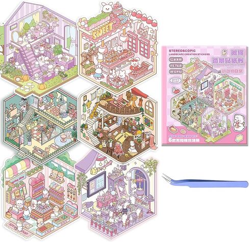 DIY 3D House Stickers,12-Pack Cartoon DIY Sticker Kit with Scene Cards,Miniature World Craft Set in Kuwait