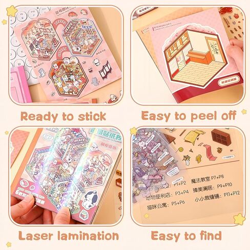 DIY 3D House Stickers,12-Pack Cartoon DIY Sticker Kit with Scene Cards,Miniature World Craft Set in Kuwait
