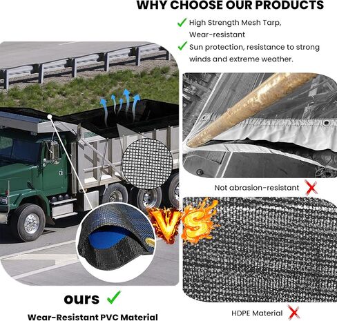 Dump Trailer Tarp 7'X18' - Heavy Duty 18oz PVC Coated Dump Truck Mesh Tarp with Double Pockets,Reinforced Double Needle Stitch Webbing Ripping Tearing Stop,No Rust Thicker Brass Grommets,Uv-Protective in Saudi Arabia