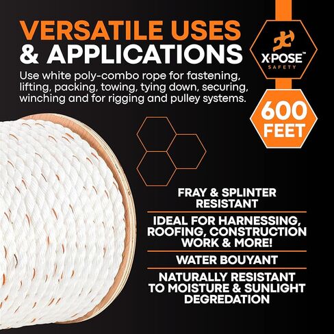 Xpose Safety 3-Strand Twisted Poly-DAC (Poly Dacron) Combo Rope – 5/8" x 600′ – Heavy-Duty UV-Coated Safety Line for Commercial, Arborist, Marine, Towing, DIY Projects, Construction,Weather-Resistant in Saudi Arabia