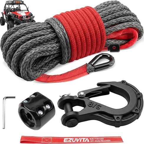 1/4" x 50ft Synthetic Winch Rope Kit - 10,000LBS Winch Cable with Protective Sleeve, 13,500LBS Forged Winch Hook, Safety Pull Strap, Rubber Stopper for ATV UTV in Saudi Arabia