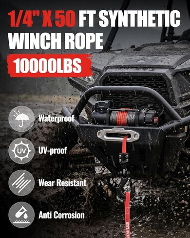 1/4" x 50ft Synthetic Winch Rope Kit - 10,000LBS Winch Cable with Protective Sleeve, 13,500LBS Forged Winch Hook, Safety Pull Strap, Rubber Stopper for ATV UTV in Saudi Arabia